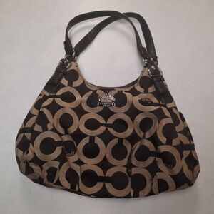Coach Maggie Madison Op Art Signature Leather Handbag Black Gray, purple lining.